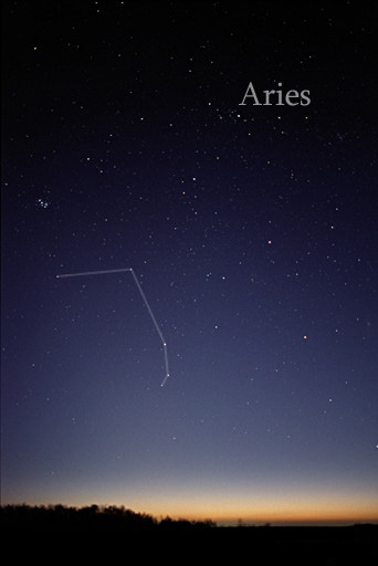 The costellation Aries photographed in proximity to the western horizon